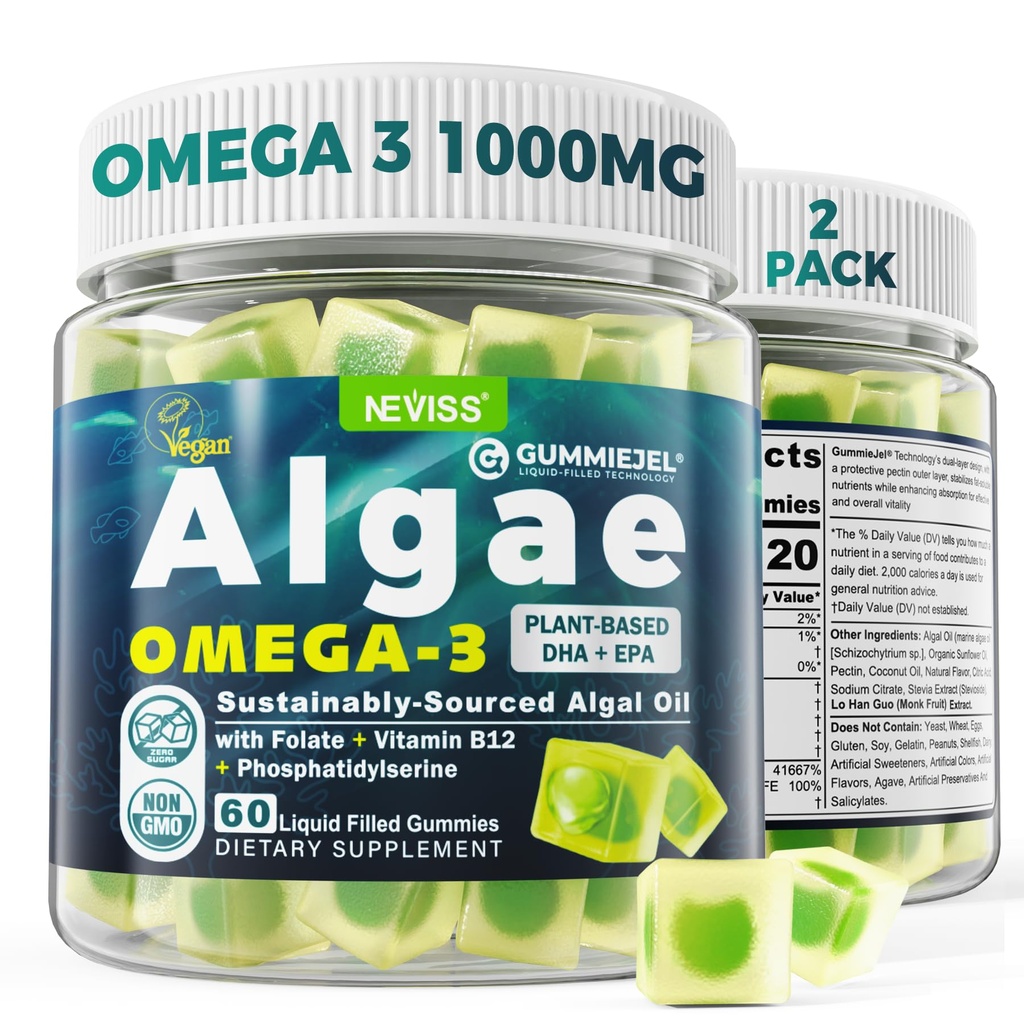 2 Pack Algae Omega 3 Gummies 1000 mg, Plant Based DHA 460mg & EPA 230 mg, Omega 3 Fish Oil Alternative for Yetişkinler, Plus MetilFolate, B12, Phosphatidylserine, No Fishy Taste, Vegan, Sugar Free