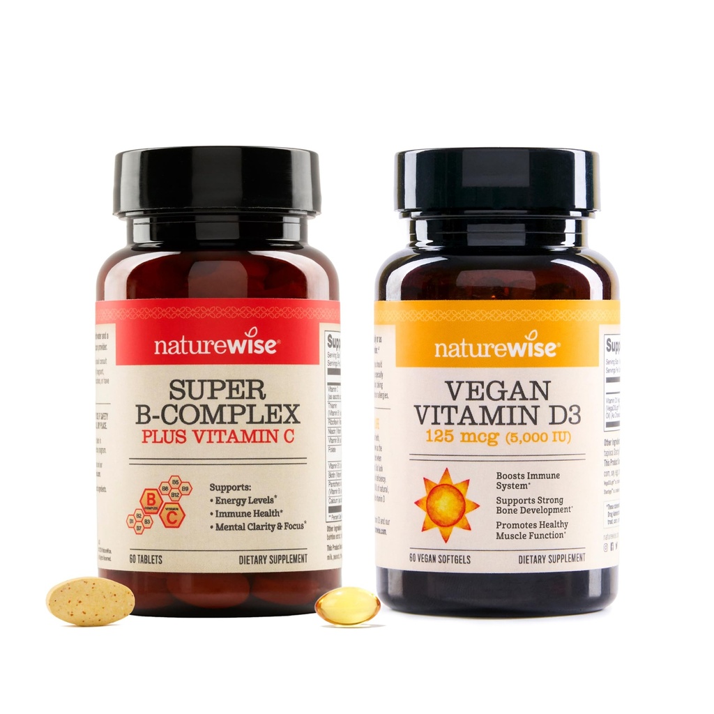 NatureWise [1] Super Vitamin B-Complex + Vitamin C - Non-GMO - 60 Softgels[60-Day Supply] + [1] Vegan Vitamin D3 5000iu + Organic Olive Oil - 60 Mini Softgels[60-Day Supply]