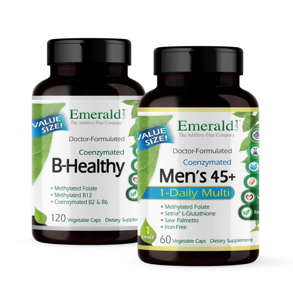 EMERALD LABS Sche with Bhealth (120 Veg Caps) & Men's 45+ 1-Daily Multi (60 Veg Caps) - Vegan B Kompleksi B Kompleksi B Vitamini - Erkeklerin CoQ10 ile Çok Vitamini, Lycopene & More