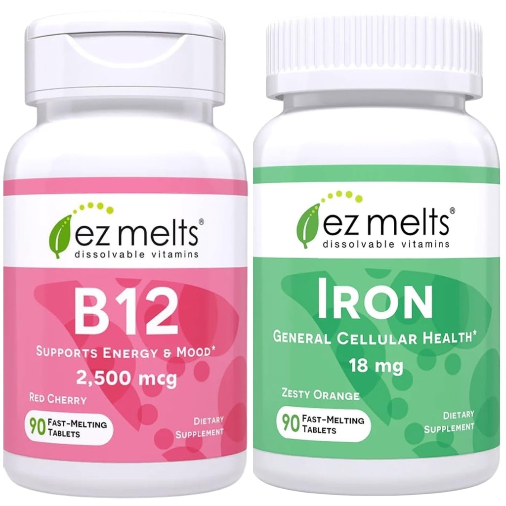 EZ Melts B12 Sublingual Vitamin and Iron Supplement Bundle, Sugar Free, 3-Month Supply