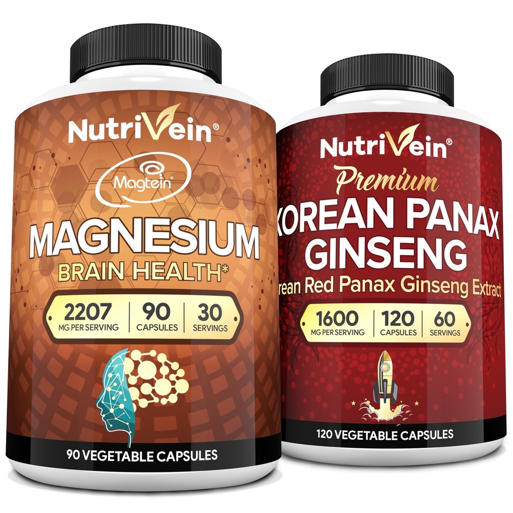 Nutrivein Premium Magnesium L-Threonate & Panax Ginseng Supplement Bundle: High-Absorption Magnesium Threonate and Red Ginseng Supplement Pair for Brain, Mood, & Vitality