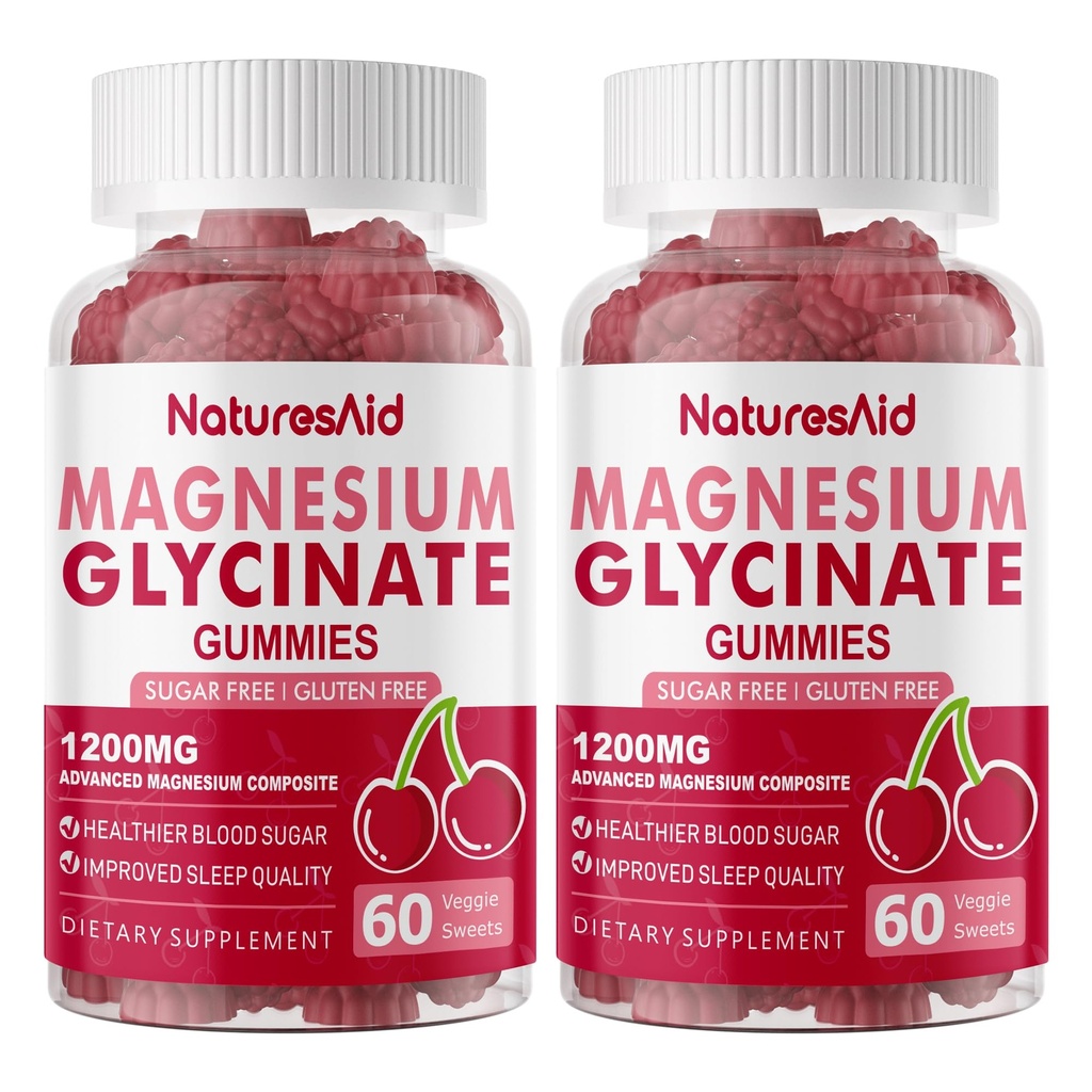 Magnezyum Glycinate Gummies 1000 mg - Sugar Free Magnezyum P Properties Supplement with Vitamin D, B6, CoQ10 for Calm Mood & Sleep Support - 120 Cherry Gummies -2 Pack.