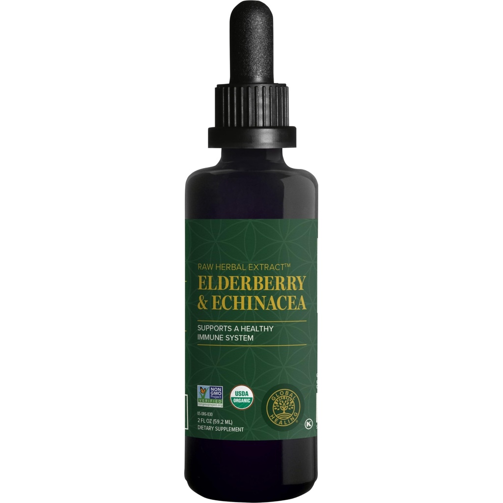 Global Healing USDA Organic Elderberry & Echinacea Liquid Supplement Tincture | Antioksi Immune Support Against Harmful Organisms for Yetişkinler and Kids, Vegan, Non-GMO, 1-Month Supply (2 Oz)