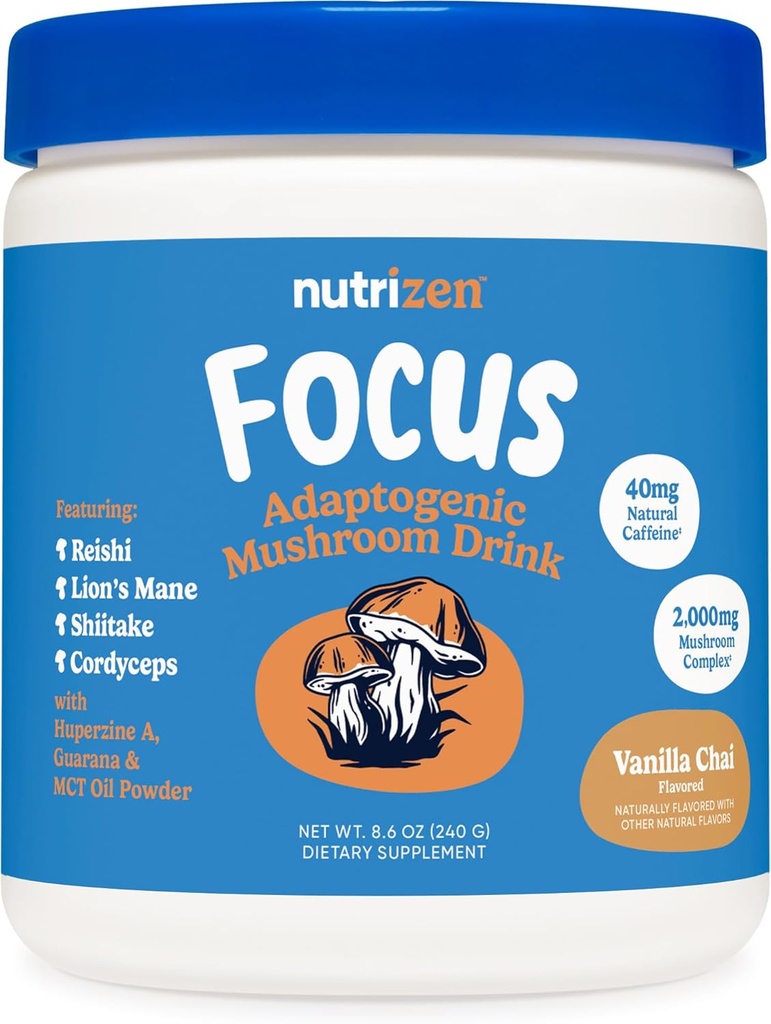 Nutricost Nutrizen AM Focus Adaptogen Mushroom Drink (Vanilla Chai Flavored) 30 Hizmet - Reishi, Lion's Mane, Shiitake, Cordyceps