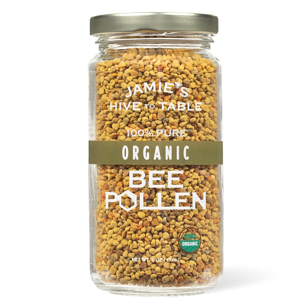 Jamie’s Hive to Table Organic Bee Pollen, 6 oz - 100% Pure, Raw & Natural Superfood, Premium Quality Bee Pollen Granules for Energy, Immunity, Skin Health, Antioxidants, & Vitality, Gluten Free