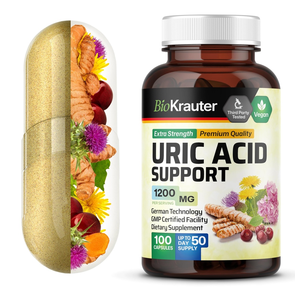 BIO KRAUTER Uric Acid Support Capsules 1200 mg Mix - 100 Count - Kidney Supplement w /Tart Cherry 10:1 Ekstra - Süt Butle & Turmeric
