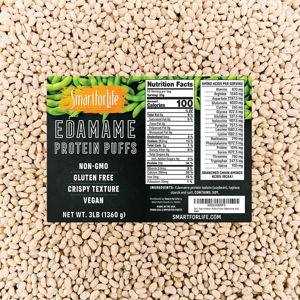 Edamame'den Hayat Soy Protein Puffs için Akıllı - Yüksek Protein Zero Şeker Soy proteini Puffs - 20 Grams Protein Snacks - Non-GMO, Gluten-Free - 3 Pound Box - 53 Hizmet - Soy Puffs...