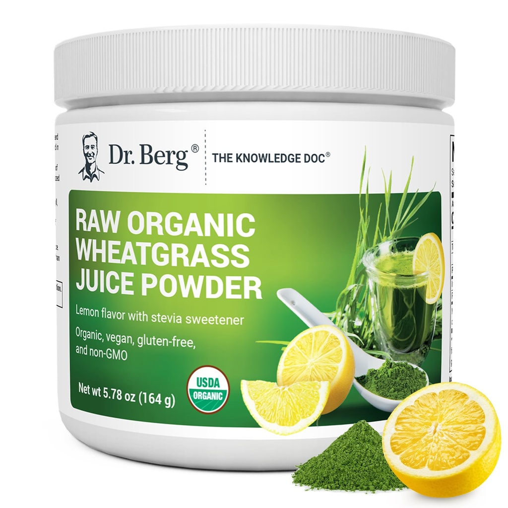 Dr. Berg USDA Certified Organic Green Powder Superfood (60 Servings) - Made with Raw Wheatgrass, Chlorophyll, Trace Minerals & Natural Enzymes - Non-GMO Green Superfood Powder - Lemon Flavor