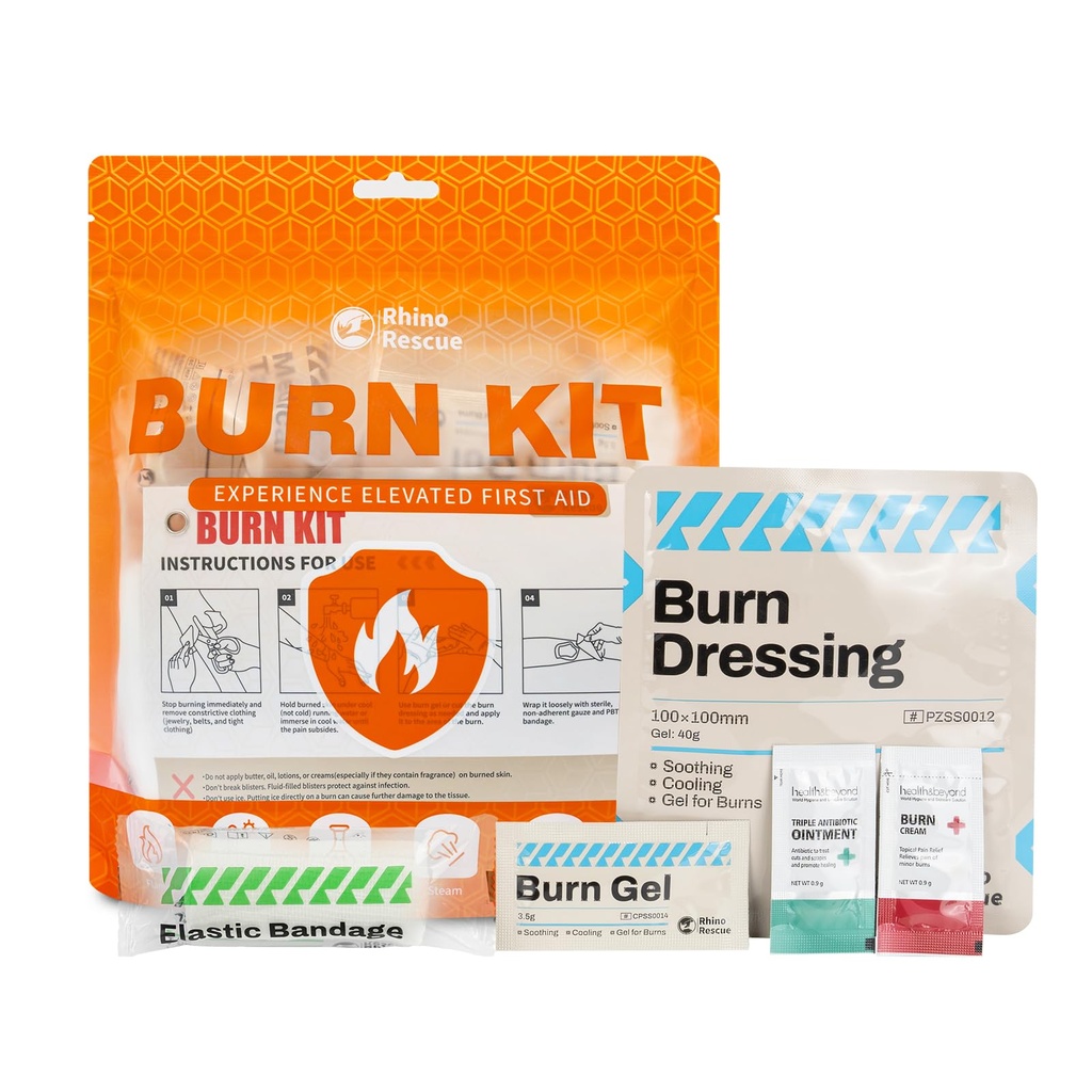 RHINO RESCUE Burn Kit, 4round Burn Dressings 4x4", 8ay Burn Gel Packets 3.5g, 4ay Burn Pads, First Aid Kit Soğutma Soothing Cream Relief with Bandage, nile Gloves, Scisors, Tape, HSA/FSA Eable