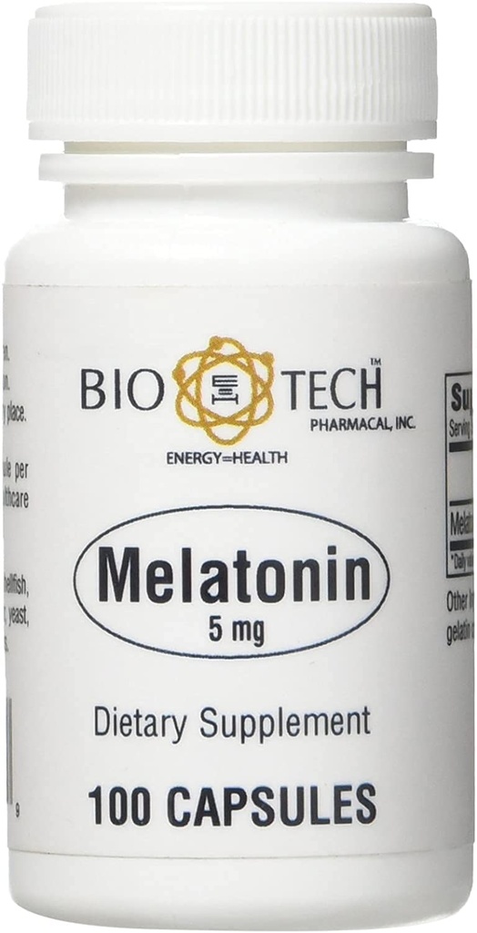 Bio-Tech Pharmacal Melatonin (5 mg), 100 Capsules – All-Doğal Supplement – Destek Uyku, Cardiovascular, Immune, & Bone Health – No Dairy, Fish, Gluten, Peanut, Shellfish, GMOS, & Soy – No