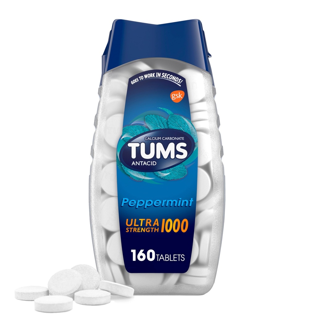 TUMS Ultra Strength Chewable Antacid Tabletleri Heartburn Relief, Peppermint - 160 Kont