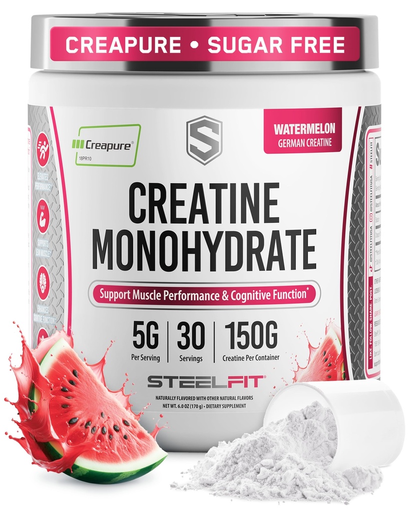 SteelFit Creapure Pure Creatine Monohydrate Powder for Men & Women, Watermelon - Flavored Creatine Gym Workout Supplements for Lean Muscle Gain, Brain Health & Strength Building - 30 Servings