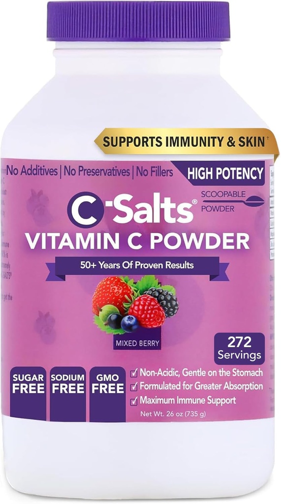 C-Salts Vitamin C Powder - 100% Pure Buffered Ascorbic Acid Powder for Daily Immune Support & Collagen Production - Stomach-Friendly Organic Vegan Non-GMO Sugar-Free - 272 servings - Mixed Berry, 26oz