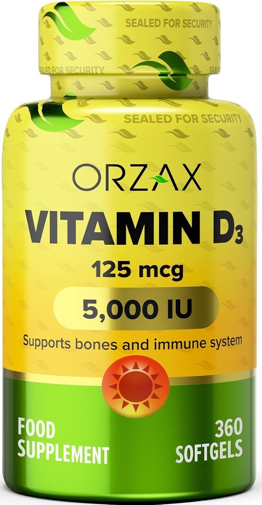 ORZAX Vitamin D3 5000 iu (125 mcg) – Non-GMO, Gluten Free, Sugar Free, Dairy Free – 1 Yıl Güçlü Kas Fonksiyonu ve Immune Support – Mood Supplement for Wellness (360 Softgel)