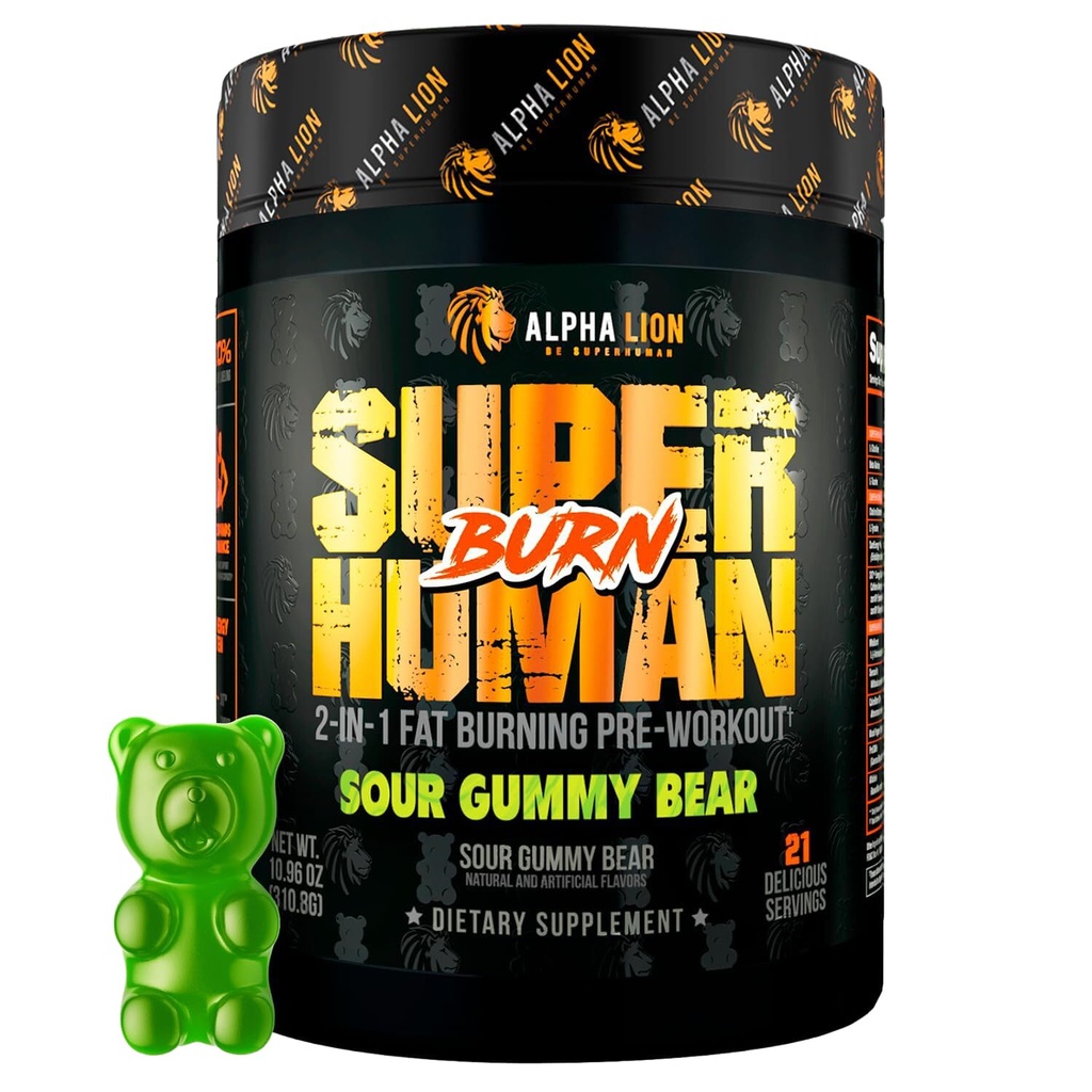 ALPHA LION Superhuman Burn - 1 Metabolism ATM Pre Workout and Thermogenic Fat Burner for Men - Appetite Suppressant and Kilo Kaybı Supplement (21 Hizmetler, Sour Gummy Ayı)