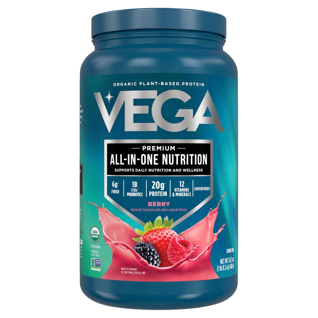 Vega All in One Nutrition Organic - 20g Plant-Based Pea Protein, Berry, 20 Servings, Vitamins A & C, Probiotics, Greens, Vegan, Keto, Gluten Free, 24.3oz (Packaging May Vary)