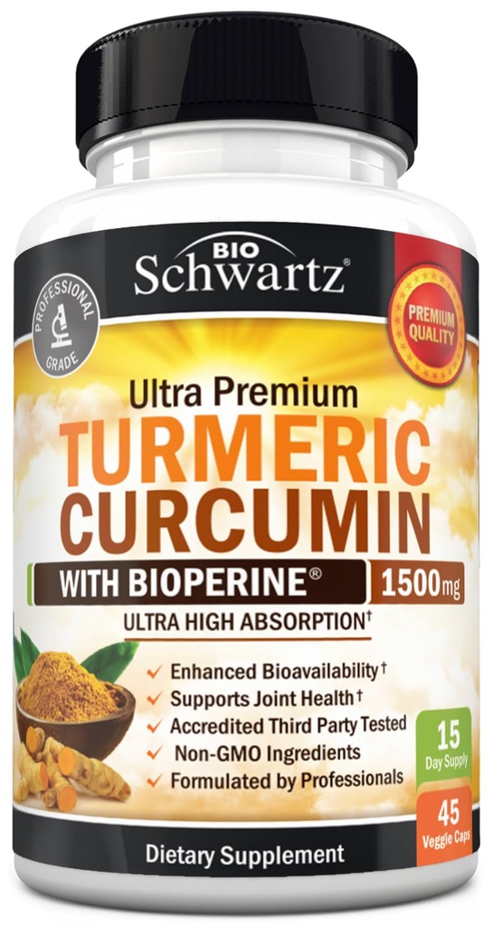 Turmeric Curcumin with Black Pepper Extract 1500 mg - High Abxia Ultra Potent Turmeric Supplement with 95 Curcuminoids and BioPerine - Non GMO Tumeric Capsules for Ortak Destek - 45 Capsules