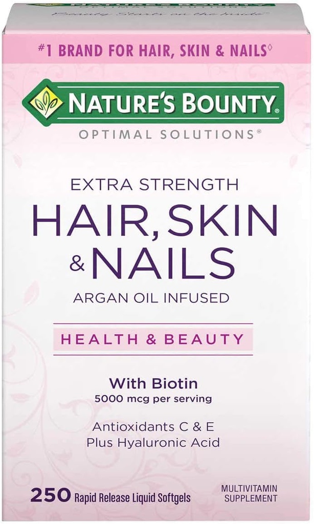 Nature's Bounty Hair Skin and Nails 5000 mcg of Biotin - 250 Kaplamalı Tabletler Düzenli ve Ekstra Güçlü (Extra Strength, Her bir 250 Softgels)