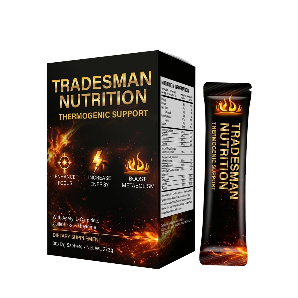 Tradesman Nutrition Shred Energy Drink Packets for Men & Women – Pre Workout Powder with Zero Sugar, No Crash, Mental Focus & Stamina Support – Orange Flavor, 30 Sachets