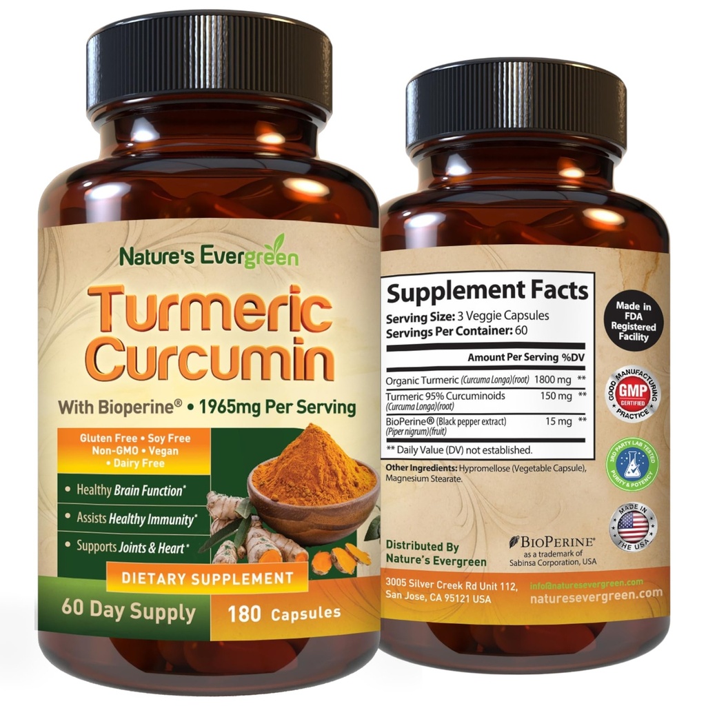 Turmeric Curcumin with Black Pepper Extract (Bioperin) & Organik Turmeric Vegan Ortak Destek Supplement. Sağlıklı Ortaklar ve Immune Desteği için% 95 Curcuminoids 1965mg Supplement for Health Commons & Immune Support. 180 Capsules