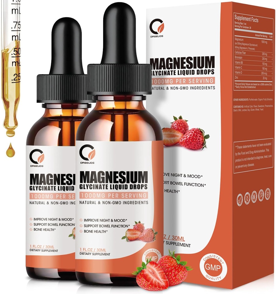 Magnezyum Glycinate Liquid Drops,1000 mg Sıvı Magnezyum Supplement with Bromelain, Vitamin B6 C D, High Abors Magnezyum Kompleks for Night, Muscle & Energy Support, 1 Fl Oz (Pack of 2)