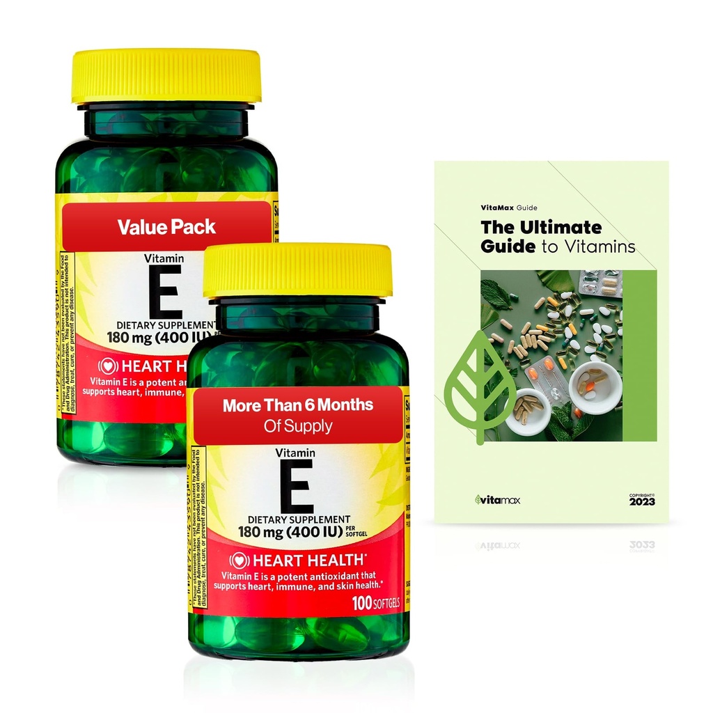 Spring Valley Vitamin E Heart Health Diyetary Supplement Softgels, 180 mg (400 IU), 200 Kont, 2-Pack + Exclusive VitaMax Vitamin Rehberi (3 Madde)