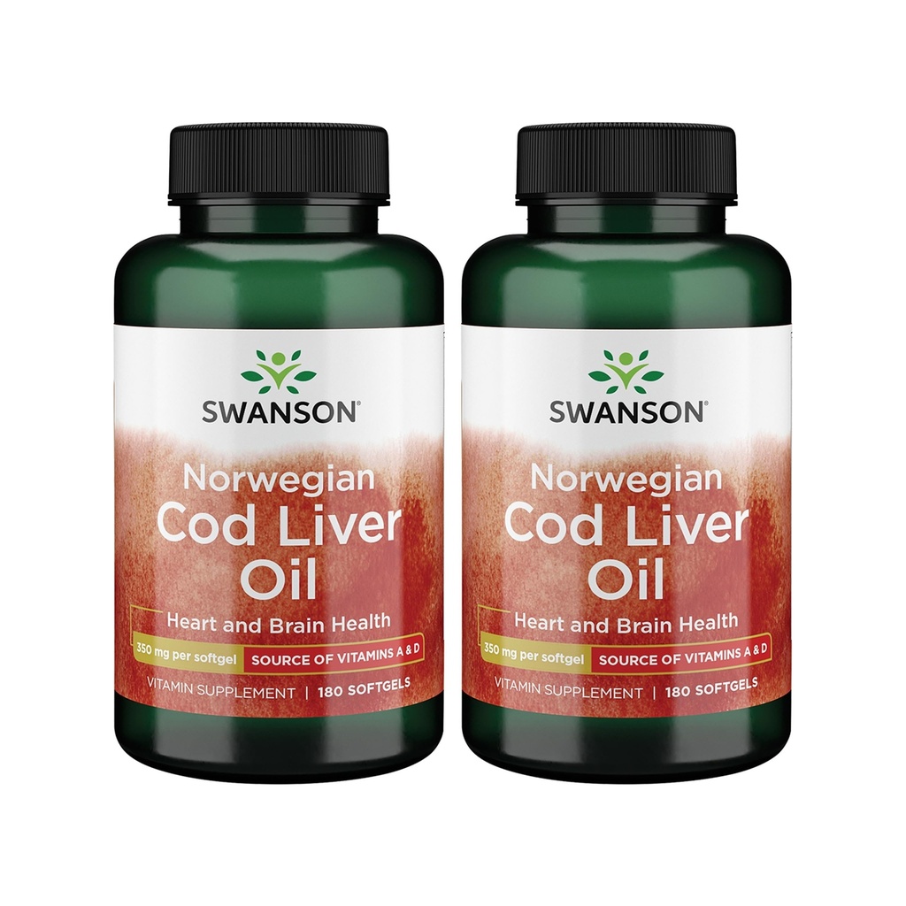 Swanson Cod Liver Oil - Wellness Supplement Promoting Bone, Skin Health, Vision Support & Immune System Function w/High Absorption Vitamin A - (180 Softgels, 350mg Each) 2 Pack