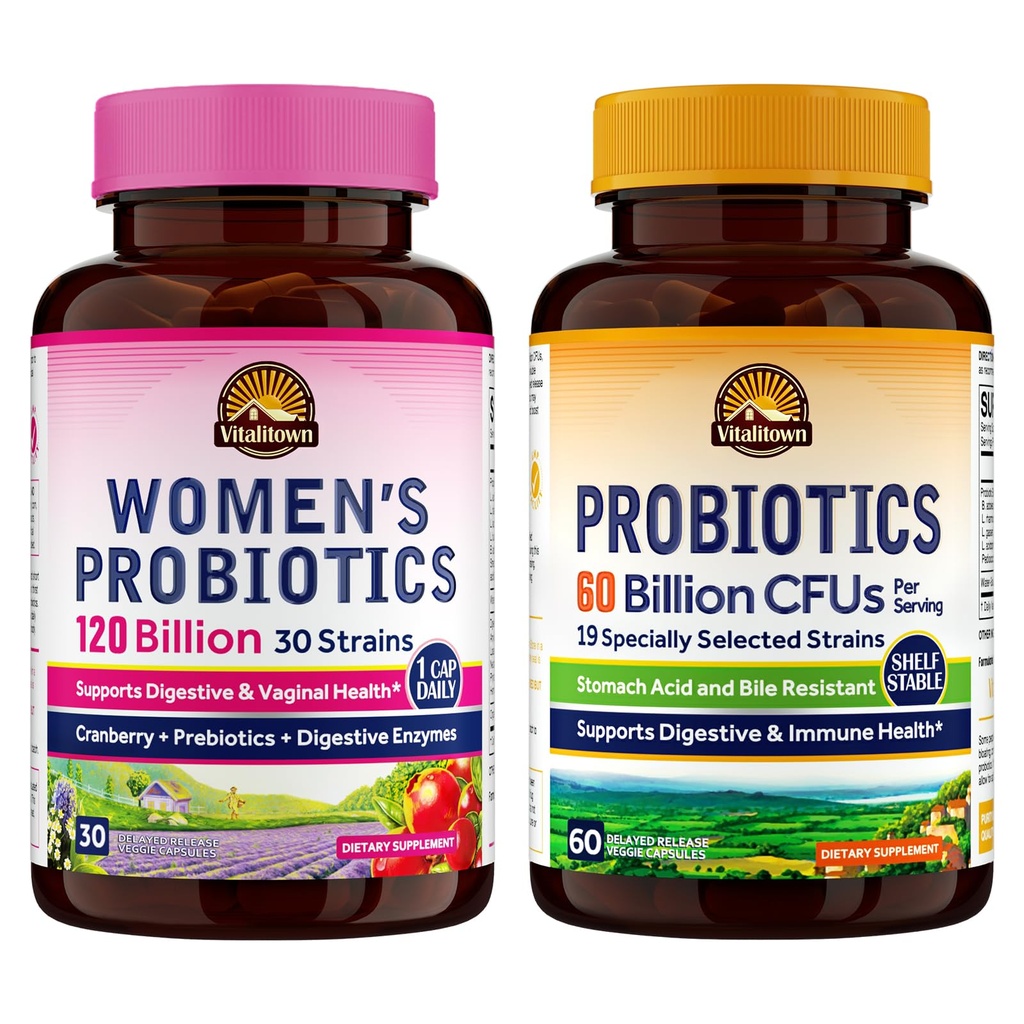 Vitalitown Probiyotik Sche (Pack of 2) | Women's Probiyotiks 120 Milyar (Item 1) & Probiyotiks 60 Milyar (Item 2) | Raf Stable | Digestive & Women's Health | 30 Her Şeye Hizmet Ediyor
