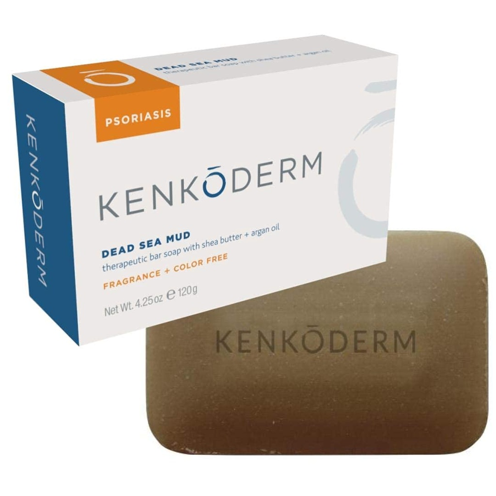 Kenkoderm Psoriasis Dead Sea Mud Soap with Argan Oil & Shea Butter, Natural Exfoliating Body & Face Cleanser for Sensitive Skin, Fragrance & Color-Free, 4.25 Ounce, 1 Bar