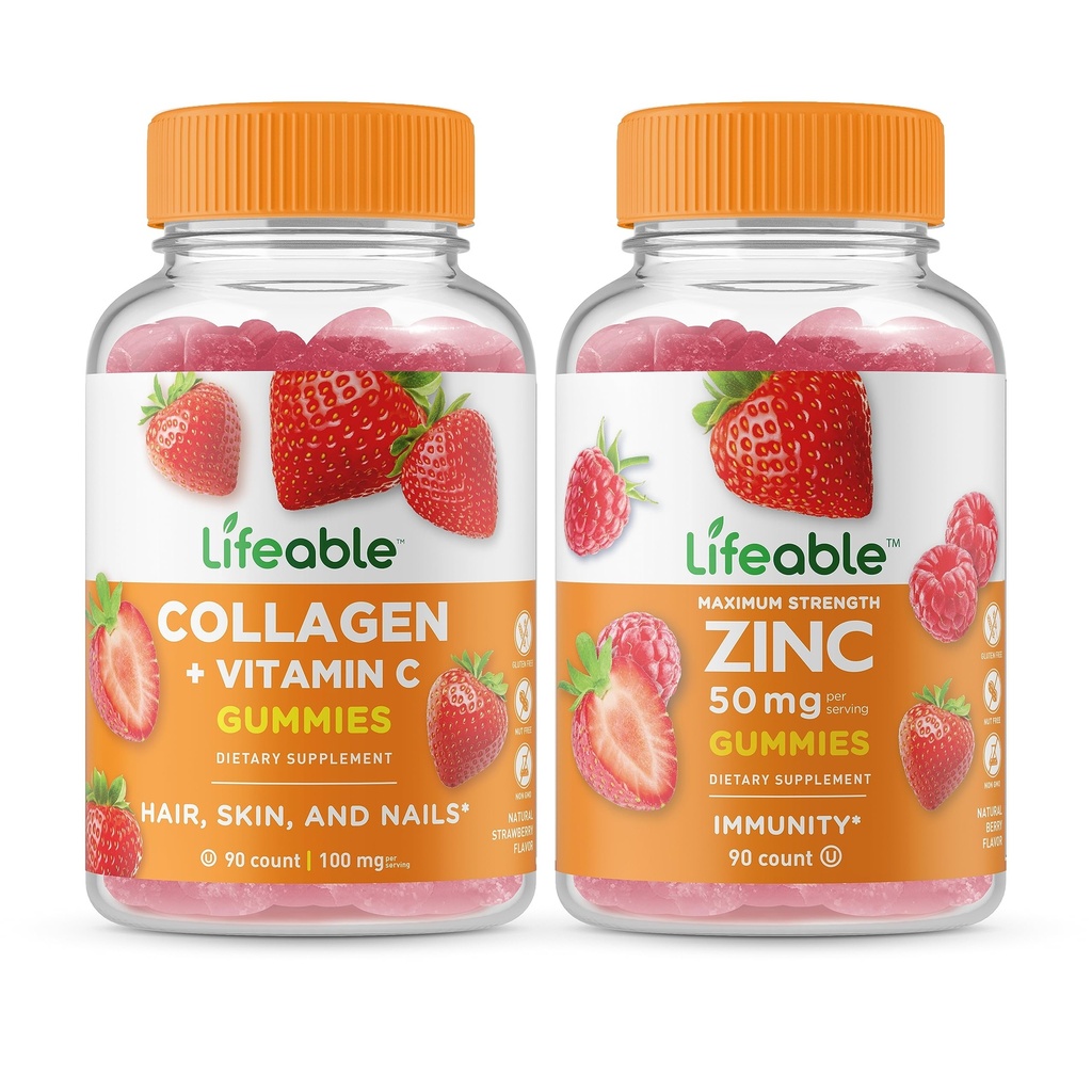 Lifeable Collagen & Vitamin C + Zinc 50mg, Gummies Bundle - Great Tasting, Vitamin Supplement, Gluten Free, GMO Free, Chewable Gummy