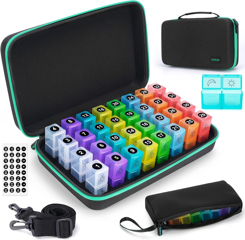 Aylık Pill Organizer 2 Times a Day,Month Pill Box Organizer with 32 Günlük Karşılaştırmalar,30 Gün Pill Holder with Hard Travel Case Pill Case Vitamins Case+Portable 7Day Travel Medicine Organize Bag