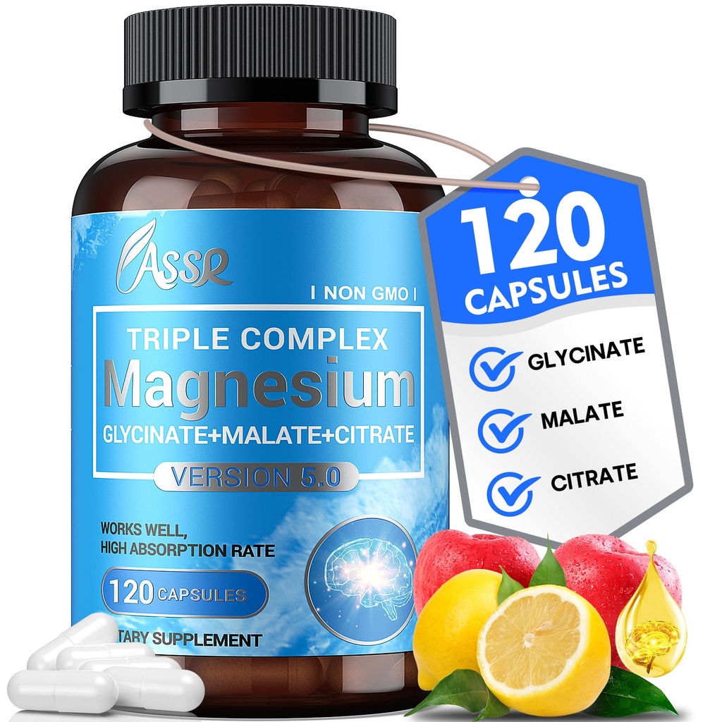 ASSR Triple Magnezyum Kompleksi – 300 mg Supplement with Glycinate, Malate & Citrate – Supports Relaxation, Muscle & Nerve Function – High Abxia, Vegan, Non-GMO, 120 Capsules