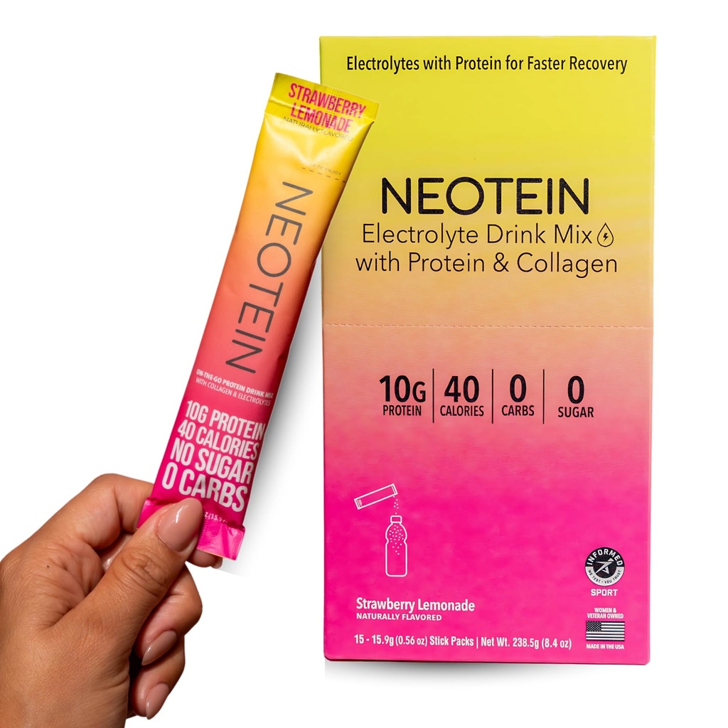 NEOTEIN: Elektrolyte Toz Paketleri, Protein Toz 10g protein & Collagen | Hydration Packets - Zero Sugar, NO Fillers, NO Carbs | Strawberry Lemonade | 40 Calories | DW & Paleo | 15 Paket