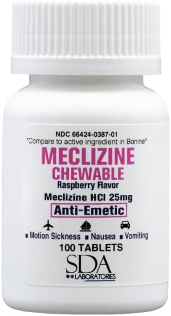 SDA LABORATORIES Meclizine Chewable Tablets, 25mg – Anti-Emetic, Raspberry Flavor – Motion Sickness & Vertigo Relief for Nausea, Dizziness, and Vomiting, 100 Count (1 Pack)