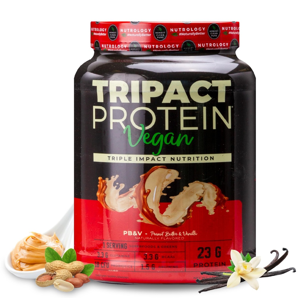 Nutrology TRIPACT Vegan Protein Tozu - Organik Pea, Rice & Riley Protein, BCAAs & Glutamine Plant-Based Mealchange Shakes for Muscle Recovery & Immunity, Peanut Butter & Vanilla, 20 Servisler