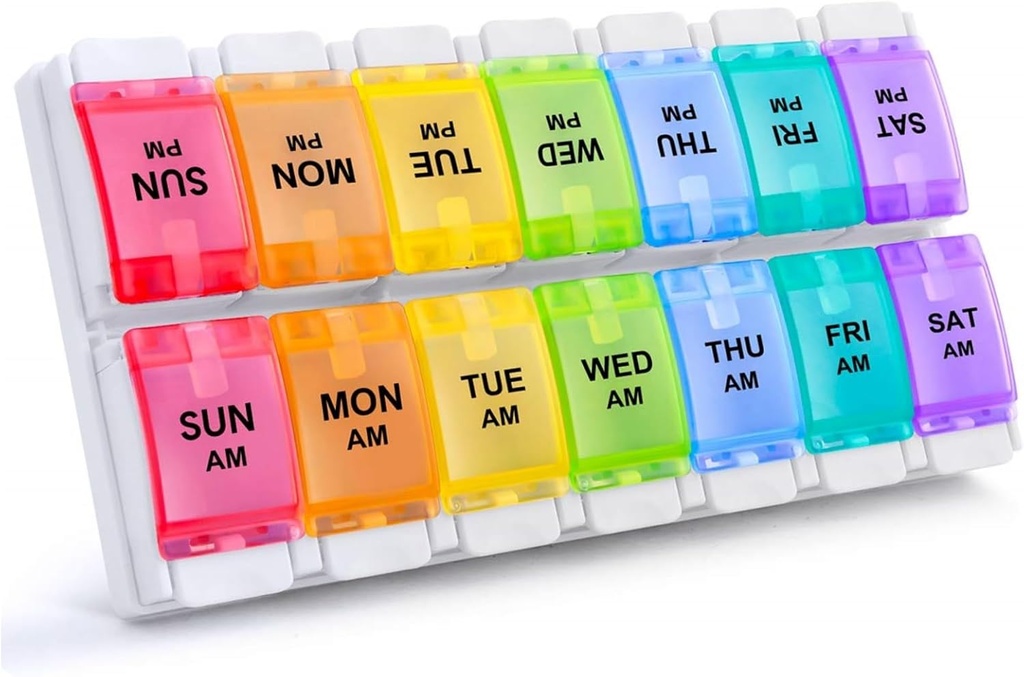 Sukuos AM PM Weekly Pill Organizer 2 Times A Day, Büyük Günlük Pill Box Case 7 Day with Easy Push Düğme Design, Detachable Medicinerec for Vitamin/Fish Oil /Supplements (Rainbow)