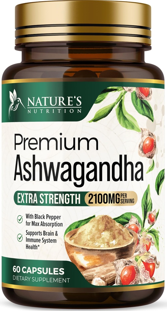 Ashwagandha Supplements - 2100 mg Ashwagandha Capsule for Women & Men, Natural Antioksi Support, Ashwa Root Extract, Extra Strength Calm Support with Black Pepper, Vegan & Gluten Free - 60 Capsules