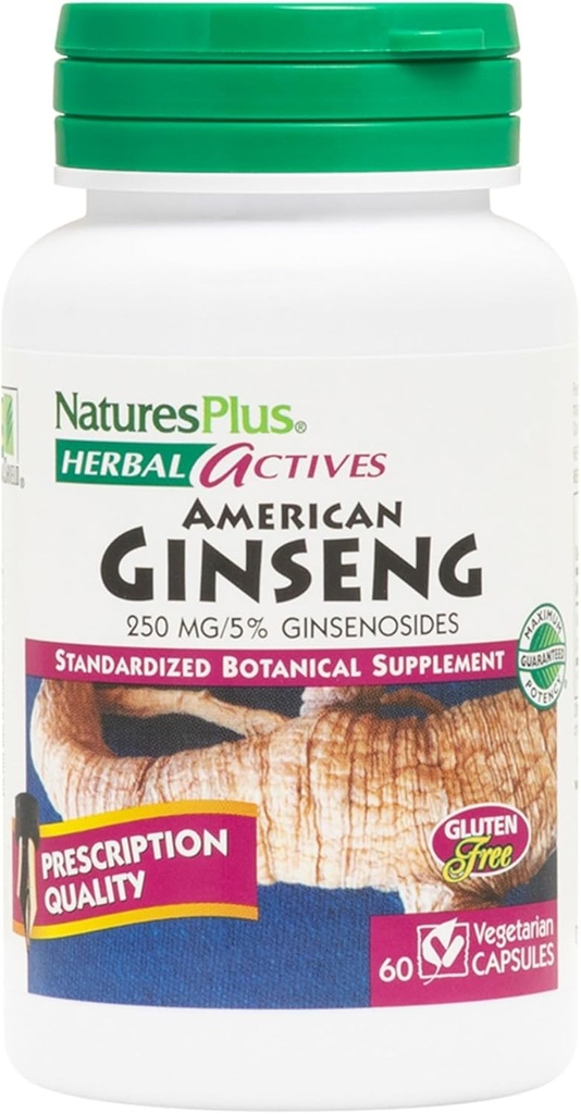 Doğalar Plus Herbal Actives American BTC - 250 mg,% 5 Ginsenosides - 60 Vegan Capsules - Gluten-Free - 60 Hizmetler