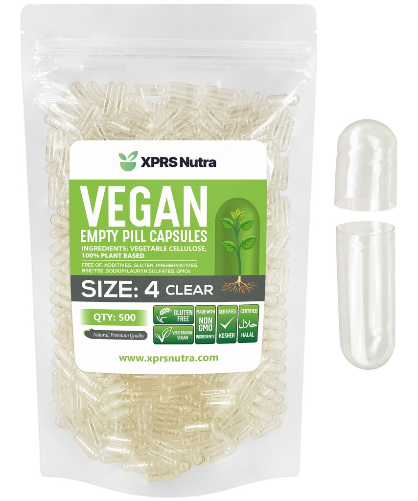 XPRS Nutra Boyutu 4 Boş Kapsüller - 500 Kont Clear Small Boş Vegan Capsules - DIY Sebze Kapsülü - Tamamlanabilir Do-It- Your Veggie Pill Caps for Supplements for Supplements