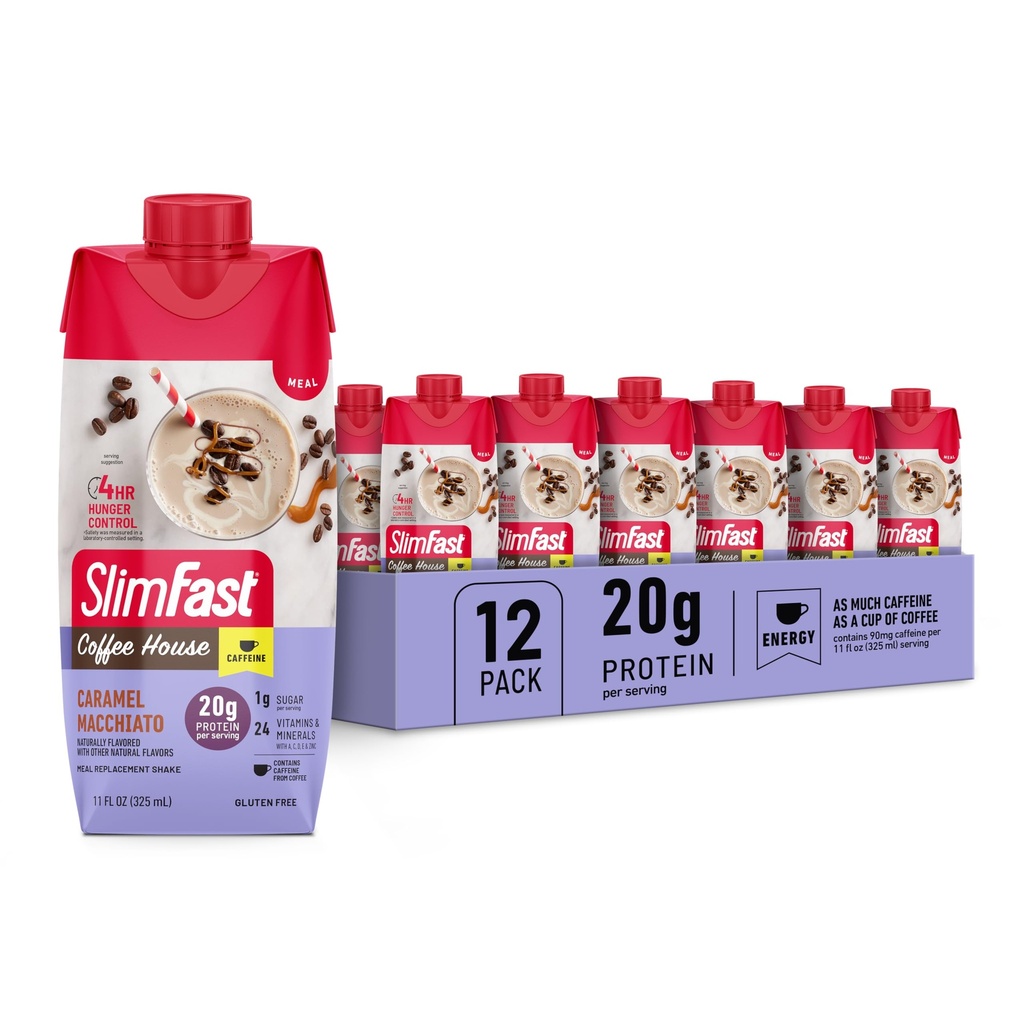 SlimFast proteini Caffeine, Caramel Macchiato- 20g protein, Meal Emekli Shakes, Low Carb ve Low Sugar, 24 Vitamin ve Minerals ile Yüksek Protein, 12 Kont (Kamp)