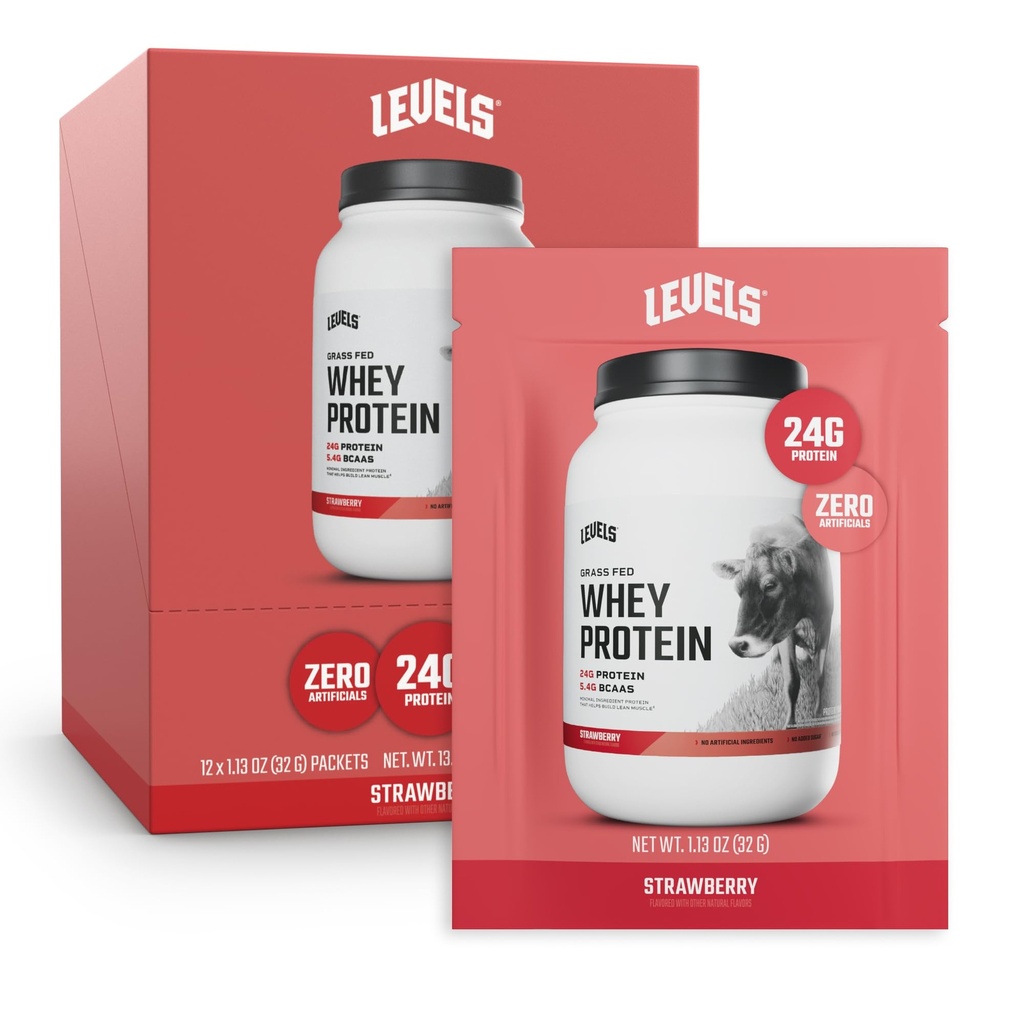 Levels Grass Fed Whey Protein Powder, No Artificials, 24G of Protein, Strawberry, 12 Count