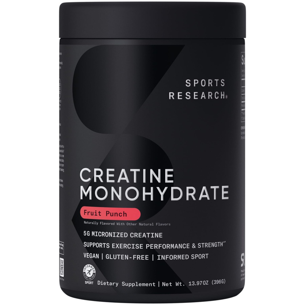 Sports Research® Creatine Monohydrate - Gain Lean Muscle, Improve Performance and Strength and Support Workout Recovery* - 5 g Micronized Creatine, Fruit Punch Flavor - 25 Servings
