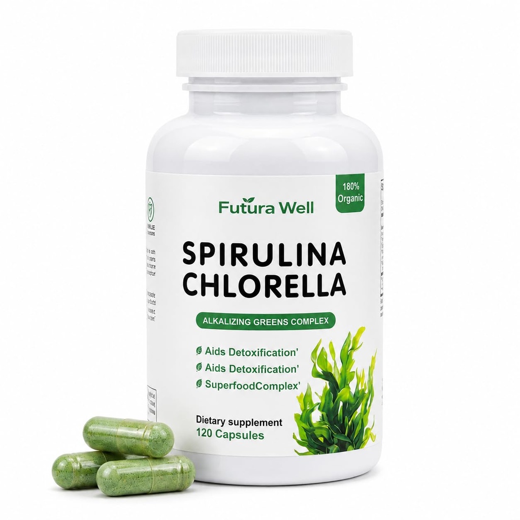 Organic Spirulina Chlorella Capsules with Chlorophyll, Blue Green Algae Superfood Supplement, Spirulina and Chlorella Capsules, Organic Spirulina & Organic Chlorella, Green Food Complex, 120 Capsules