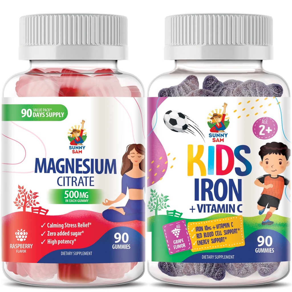 SUNNY SAM Çocuklar ve Yetişkinler için Demir Gummies - 500 mg - Calm Magnezyum Chews - Magnezyum Citrate Chewable Supplement for Mood & Muscle Support. Vitamin C ile demirler.