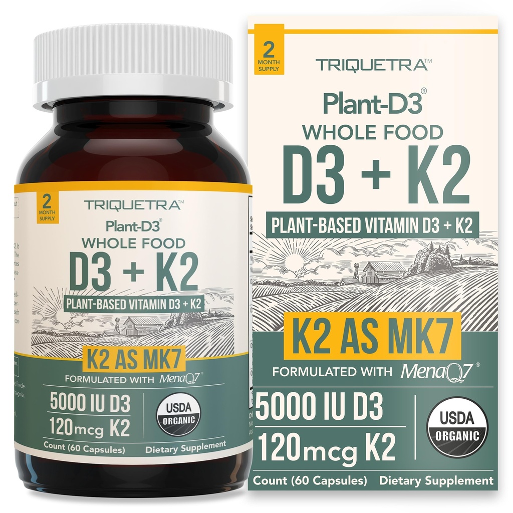 Organik Plant D3 + K2 | 5000 iu D3 + 120 mcg K2, MenaQ7®'den All-Trans MK7 - 100% Tüm Gıda, Raw & Vegan | Geliştirilmiş Digestion with Prebiyotik & Superfood Complex - D3 from Organic Algae (60)