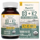 Organik Plant D3 + K2 | 5000 iu D3 + 120 mcg K2, MenaQ7®'den All-Trans MK7 - 100% Tüm Gıda, Raw & Vegan | Geliştirilmiş Digestion with Prebiyotik & Superfood Complex - D3 from Organic Algae (60)