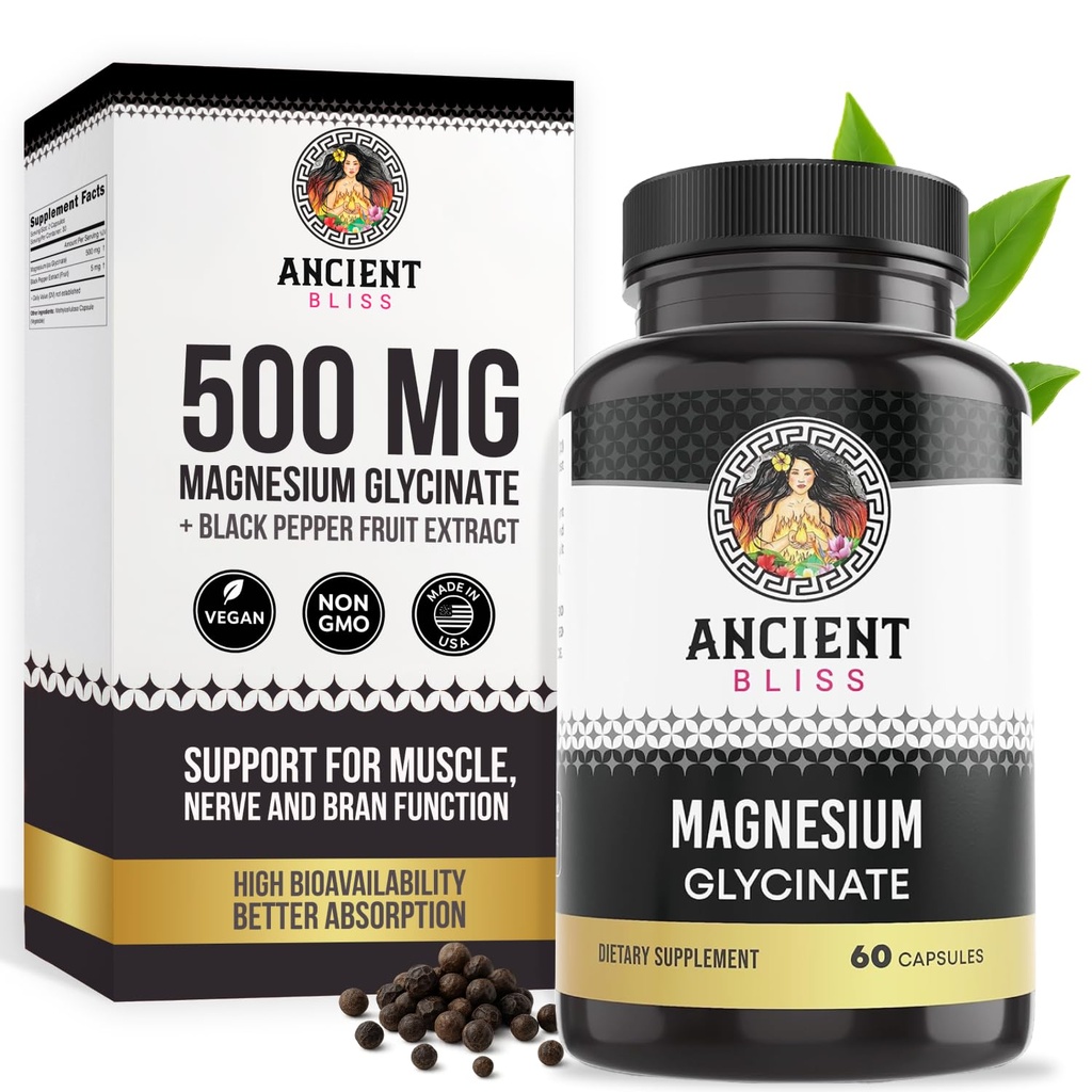 Antik Bliss Magnezyum Glycinate for Muscles & Nerves, Digestive & Immune Support Supplement, Magnezyum Supplement for Women & Men (60 Capsules)