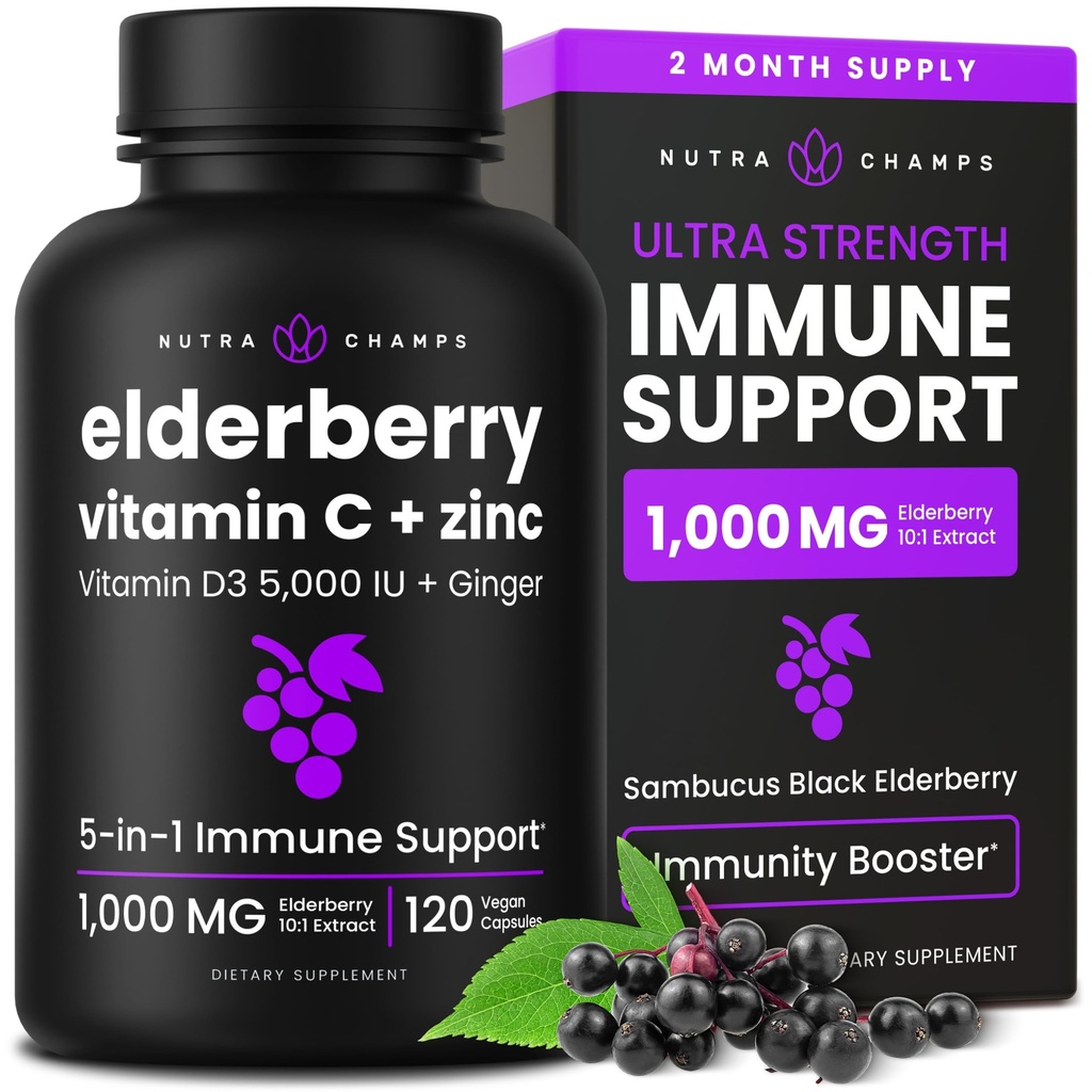 NutraChamps Elderberry with Vitamin C and Bora - 5 in 1 Immunity Supplement, 10.000 mg Sambucus Black Elder Capsules with Vitamin D3 5000 IU, Sambucus Elder Extract Immune Support for Yetişkinler