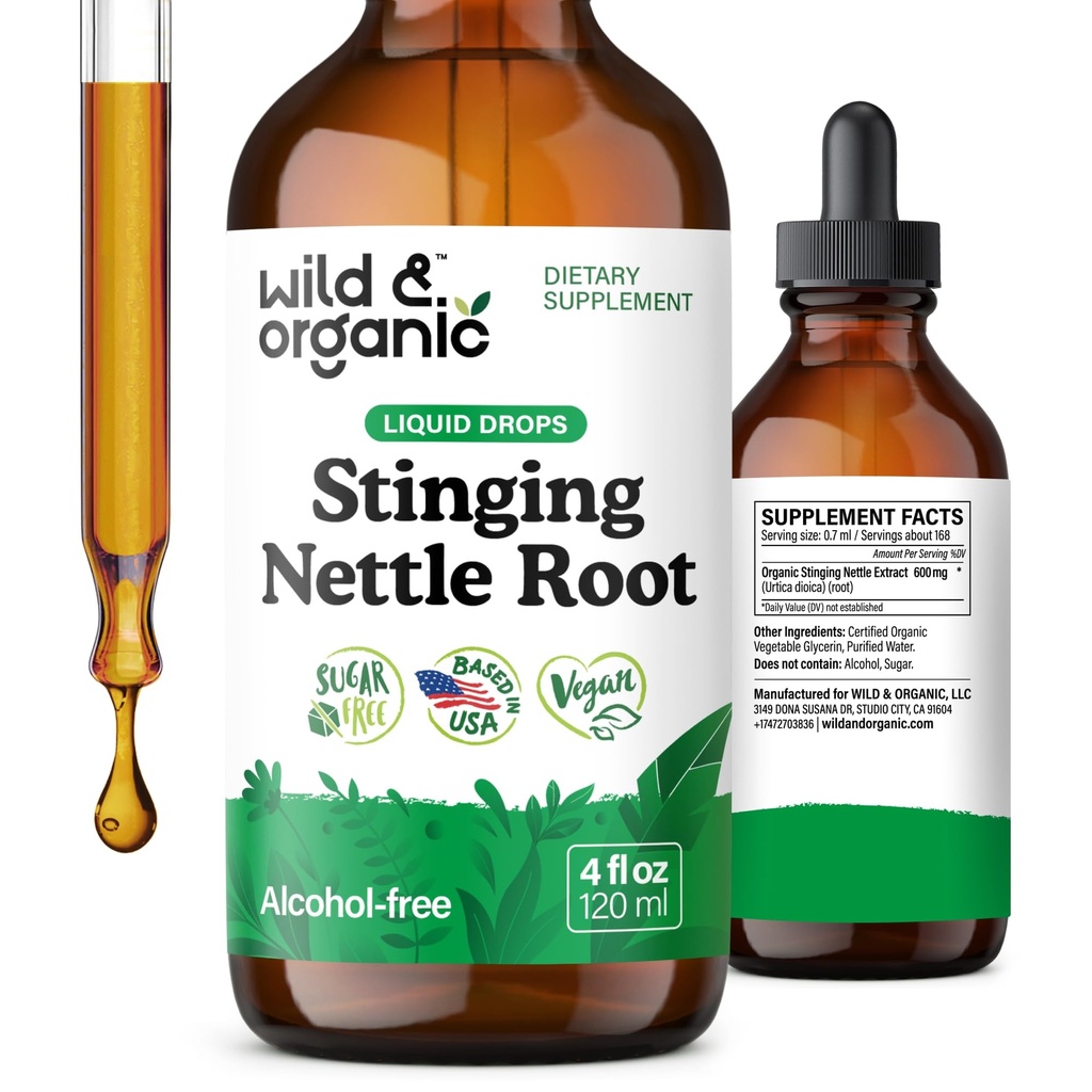Wild & Organic Sting Nettle Tincture - Erkekler ve Kadınlar için Nettle Root Extract Drops - Sıvı Urtica Dioica Tamam - Vegan, Şeker & Alkol Özgür - 4 fl oz