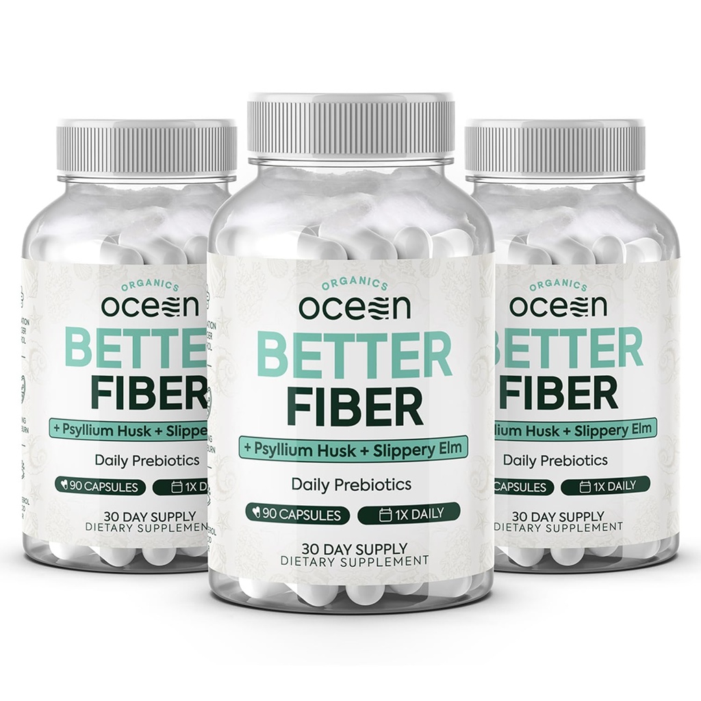 Organiks Ocean Better Fiber - Daily Fiber Supplement - Soften Stool for Effortless Bowel Hareketler - Psyllium Hulk ve Terpery Elm - 3 Şişeler